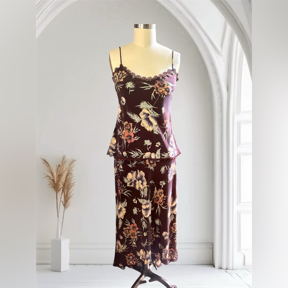 A•B•S USA Botanical Floral Autumn Georgette Camisole & Hi-Lo Midi Skirt Set - M